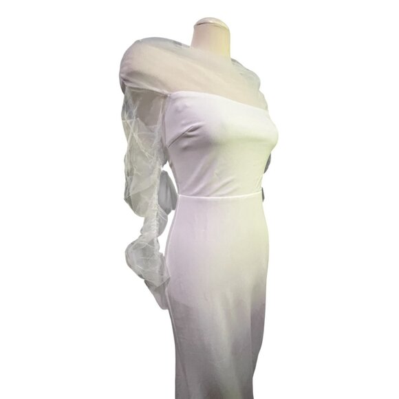 Lulus Beautifully Beloved White Mesh Off-the-Shoulder Dress with Train Sz Med - Picture 6 of 16